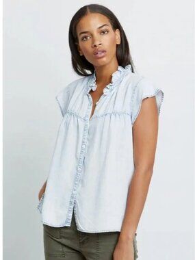RAILS Women Ruthie Top S Light Acid Wash Button Down Cap Sleeve Ruffle Romantic